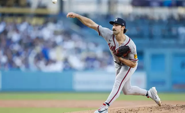 Atlanta Braves starting pitcher Spencer Strider releases a pitch during the second inning of a baseball game against the Los Angeles Dodgers, Saturday, May 9, 2026, in Los Angeles. (AP Photo/Caroline Brehman)