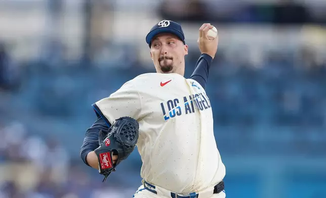 Los Angeles Dodgers starting pitcher Blake Snell pitches during the second inning of a baseball game against the Atlanta Braves, Saturday, May 9, 2026, in Los Angeles. (AP Photo/Caroline Brehman)