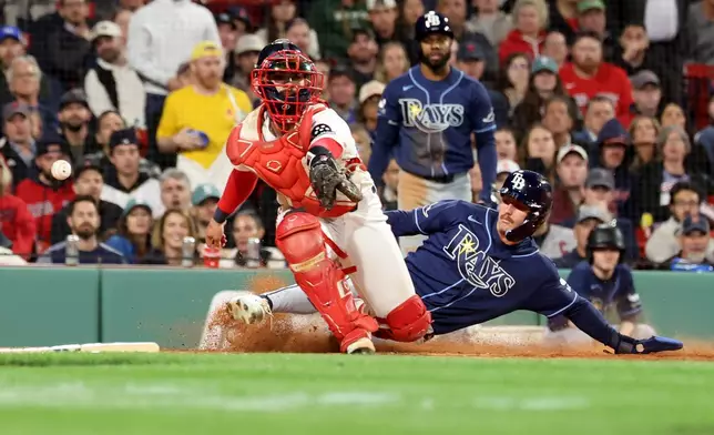 Boston Red Sox catcher Connor Wong, left, misses the throw as Tampa Bay Rays' Jonny DeLuca, right, scores during the sixth inning of a baseball game, Thursday, May 7, 2026, in Boston. (AP Photo/Mark Stockwell)