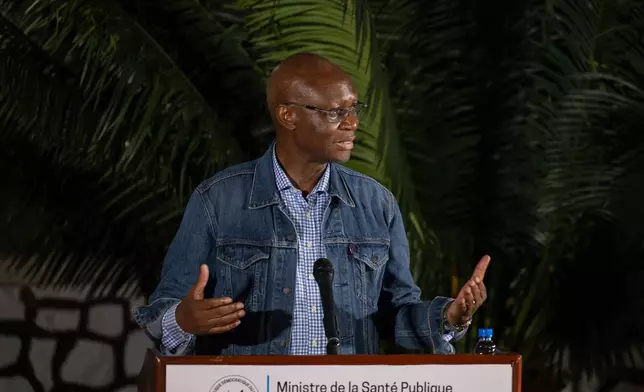 Samuel Roger Kamba Mulamba, Minister of Public Health, addresses the press during a briefing on the Ebola response in Bunia, Congo, Thursday, May 28, 2026. (AP Photo/Moses Sawasawa)