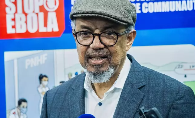 Director-General of the World Health Organisation (WHO), Tedros Adhanom Ghebreyesus, speaks to the media upon his arrival at N'djili International Airport in Kinshasa, Congo, Thursday, May 28, 2026. (AP Photo/Samy Ntumba Shambuyi)