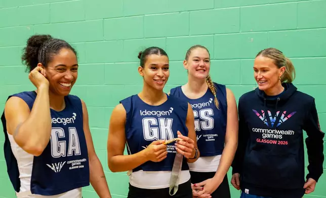 Rhea Dixon (Team Jamaica), Jayda Pechova (Team England) and Rohlene Streutker (Team South Africa) with Commonwealth Netball Champion Chelsea Pitman
