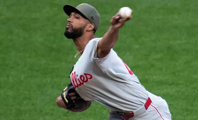 Philadelphia Phillies pitcher Cristopher Sanchez delivers during the sixth inning of a baseball game against the Pittsburgh Pirates in Pittsburgh, Saturday, May 16, 2026. (AP Photo/Gene J. Puskar)