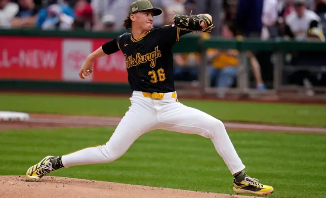 Pittsburgh Pirates pitcher Bubba Chandler delivers during the first inning of a baseball game against the Philadelphia Phillies in Pittsburgh, Saturday, May 16, 2026. (AP Photo/Gene J. Puskar)