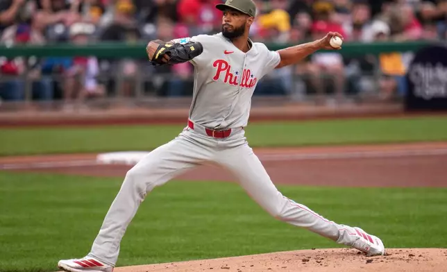 Philadelphia Phillies pitcher Cristopher Sanchez delivers during the first inning of a baseball game against the Pittsburgh Pirates in Pittsburgh, Saturday, May 16, 2026. (AP Photo/Gene J. Puskar)