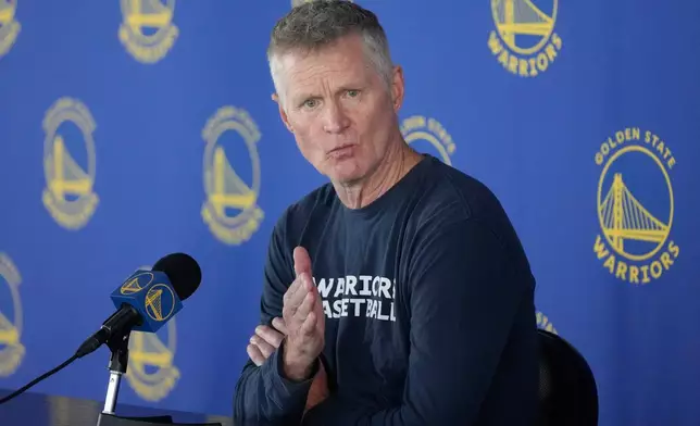 Golden State Warriors head coach Steve Kerr speaks during a news conference at the team's NBA basketball facility Friday, May 15, 2026, in San Francisco. (AP Photo/Jeff Chiu)