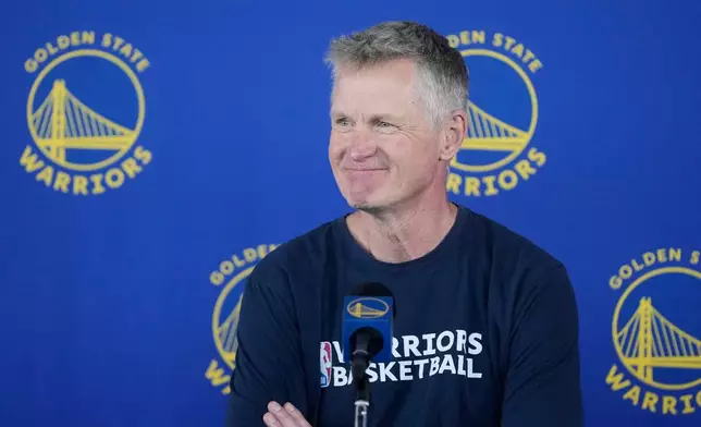 Golden State Warriors head coach Steve Kerr speaks during a news conference at the team's NBA basketball facility Friday, May 15, 2026, in San Francisco. (AP Photo/Jeff Chiu)
