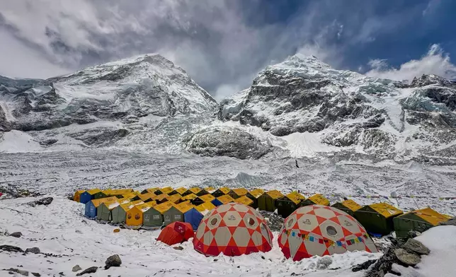 Mountaineers' tents are pitched at the base camp before their ascent of Mount Everest, Nepal, Sunday, May 10, 2026. (AP Photo/Pasang Rinzee Sherpa)
