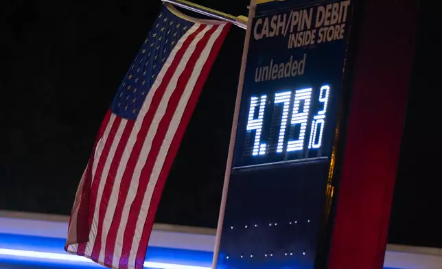 An American flag flies near a sign for fuel prices at a gas station on Wednesday, May 6, 2026, in Portland, Ore. (AP Photo/Jenny Kane)