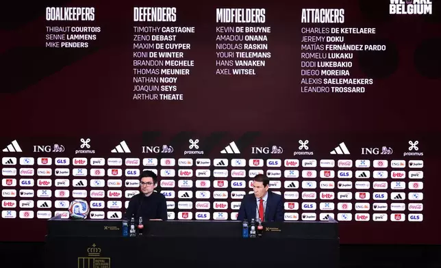 Belgium's national coach Rudi Garcia, right, speaks during a news conference announcing Belgium's squad for the 2026 FIFA World Cup soccer in Tubize, Belgium, Friday, May 15, 2026. (AP Photo/Omar Havana)