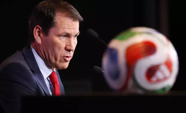 Belgium's national coach Rudi Garcia speaks during a news conference announcing Belgium's squad for the 2026 FIFA World Cup soccer in Tubize, Belgium, Friday, May 15, 2026. (AP Photo/Omar Havana)
