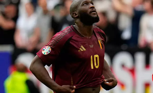 FILE - Belgium's Romelu Lukaku is dejected at the end of a round of sixteen match between France and Belgium at the Euro 2024 soccer tournament in Dusseldorf, Germany, Monday, July 1, 2024. (AP Photo/Hassan Ammar, file)