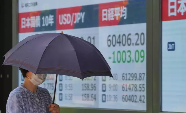 A person walks in front of an electronic stock board showing Japan's Nikkei index at a securities firm Monday, May 18, 2026, in Tokyo. (AP Photo/Eugene Hoshiko)