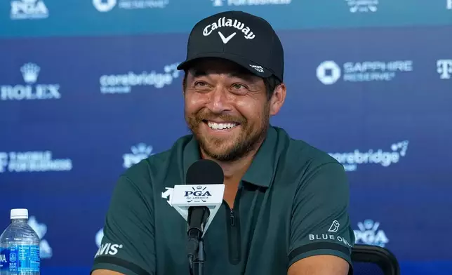 Xander Schauffele speaks to the media after a PGA Championship golf tournament practice round at Aronimink Golf Club, Tuesday, May 12, 2026, in Newtown Square, PA. (AP Photo/Frank Franklin II)