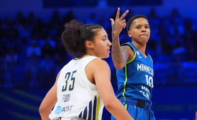 Minnesota Lynx guard Courtney Williams (10) gestures after scoring a three-pointer as Dallas Wings guard Azzi Fudd (35) looks on during the second half of a WNBA basketball game in Arlington, Texas, Thursday, May 14, 2026. (AP Photo/LM Otero)