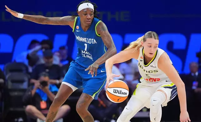 Dallas Wings guard Paige Bueckers, right, is defended by Minnesota Lynx forward Natasha Howard (1) during the second half of a WNBA basketball game in Arlington, Texas, Thursday, May 14, 2026. (AP Photo/LM Otero)