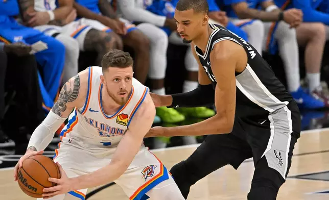 San Antonio Spurs forward Victor Wembanyama (1) defends against Oklahoma City Thunder center Isaiah Hartenstein (55) in the second half of Game 6 in the Western Conference finals NBA basketball playoffs series, Thursday, May 28, 2026, in San Antonio. (AP Photo/Darren Abate)