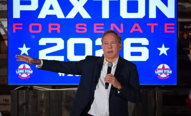Texas Attorney General Ken Paxton, a Republican candidate for the U.S. Senate, speaks to supporters at a campaign event in McKinney, Texas, Tuesday, May 19, 2026. (AP Photo/LM Otero)