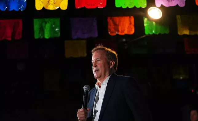 Texas Attorney General Ken Paxton, a Republican candidate for the U.S. Senate, speaks to supporters at a campaign event in McKinney, Texas, Tuesday, May 19, 2026. (AP Photo/LM Otero)