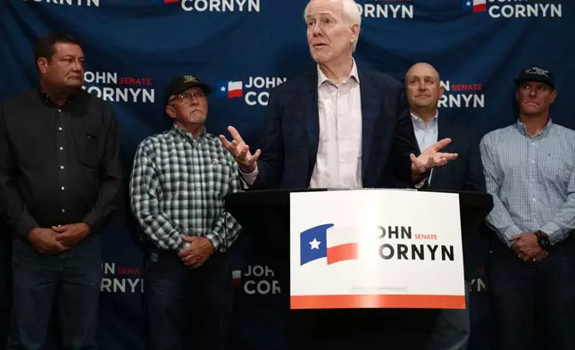 Sen. John Cornyn, R-Texas, speaks during a campaign event in Lubbock, Texas, Tuesday, May 19, 2026. (AP Photo/Annie Rice)
