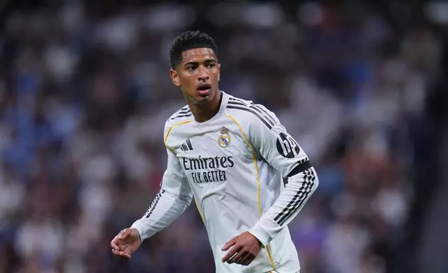 FILE - Real Madrid's Jude Bellingham during a Spanish La Liga soccer match between Real Madrid and Alaves in Madrid, Spain, Tuesday, April 21, 2026. (AP Photo/Manu Fernandez, file)