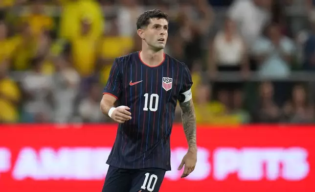 FILE - United States Christian Pulisic (10) during the second half of an international friendly soccer match against Ecuador in Austin, Texas, Friday, Oct. 10, 2025. (AP Photo/Eric Gay, File)