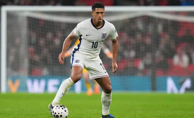 FILE - England's Jude Bellingham during a World Cup qualifier group K soccer match between Serbia and England in London, Thursday, Nov. 13, 2025. (AP Photo/Kirsty Wigglesworth, File)