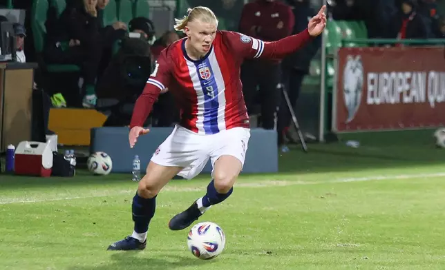 FILE - Norway's Erling Haaland controls the ball during a Group I, World Cup qualifier soccer match between Moldova and Norway at the Zimbru stadium in Chisinau, Moldova, Saturday, March 22, 2025. (AP Photo/Aurel Obreja, File)