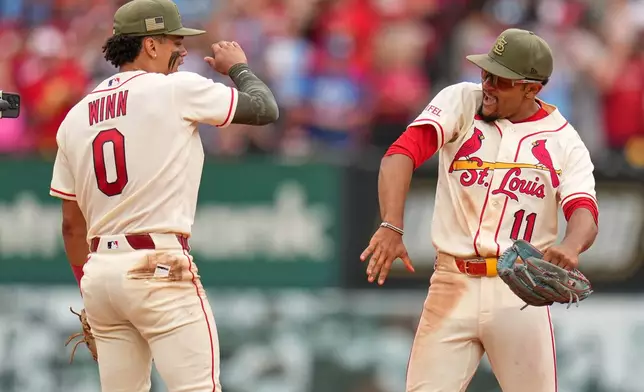 St. Louis Cardinals' Masyn Winn (0) and Victor Scott II (11) celebrate a victory over the Kansas City Royals in a baseball game Saturday, May 16, 2026, in St. Louis. (AP Photo/Jeff Roberson)