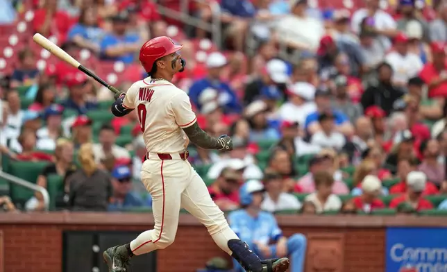 St. Louis Cardinals' Masyn Winn watches his sacrifice fly to score Nathan Church during the fifth inning of a baseball game against the Kansas City Royals Saturday, May 16, 2026, in St. Louis. (AP Photo/Jeff Roberson)