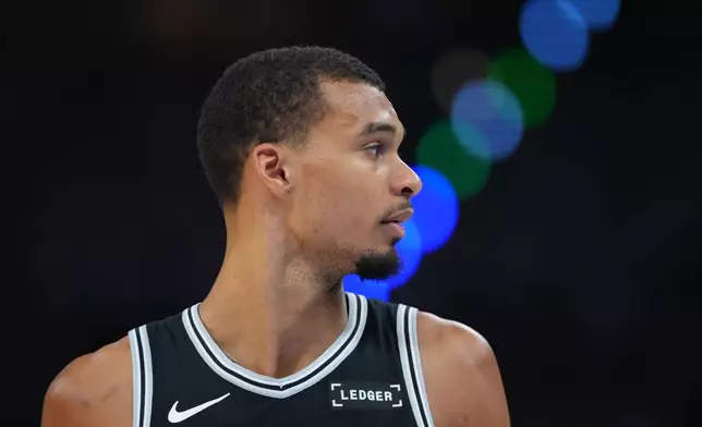 San Antonio Spurs forward Victor Wembanyama (1) moves on the court against the Oklahoma City Thunder in the second half of Game 5 in the Western Conference finals NBA basketball playoffs series, Tuesday, May 26, 2026, in Oklahoma City. (AP Photo/Julio Cortez)