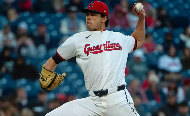 Cleveland Guardians starting pitcher Joey Cantillo delivers against the Los Angeles Angles fifth inning of a baseball game, Monday, May 11, 2026, in Cleveland. (AP Photo/Phil Long)