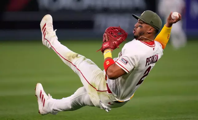 Los Angeles Angels second baseman Oswald Peraza throws out Los Angeles Dodgers' Hyeseong Kim at first during the fourth inning of a baseball game Friday, May 15, 2026, in Anaheim, Calif. (AP Photo/Mark J. Terrill)