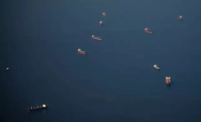 FILE - Ships are anchored near the Chesapeake Bay Bridge, March 18, 2026, in Maryland. (AP Photo/Julia Demaree Nikhinson, File)