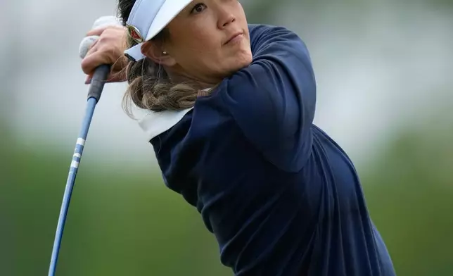 Michelle Wie West hits off the second tee during the first round of the Mizuho Americas Open LPGA golf tournament, Thursday, May 7, 2026, in West Caldwell, N.J. (AP Photo/Seth Wenig)