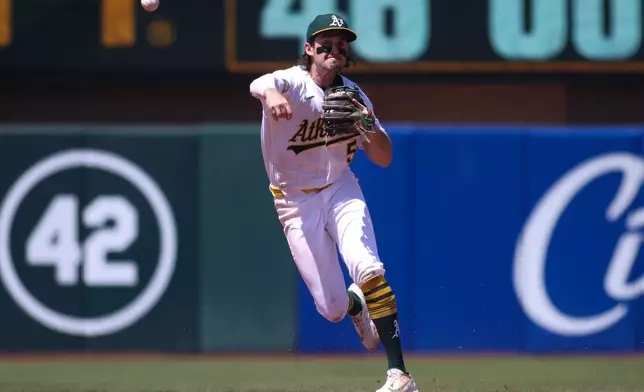 Athletics shortstop Jacob Wilson throws to first base for the final out of the top of the sixth inning of a baseball game against the Kansas City Royals, Thursday, April 30, 2026, in West Sacramento, Calif. (AP Photo/Scott Marshall)