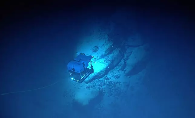 In this photo provided by NOAA, a remotely operated vehicle encounters a large undersea boulder field during the 2021 North Atlantic Stepping Stones expedition. (NOAA via AP)