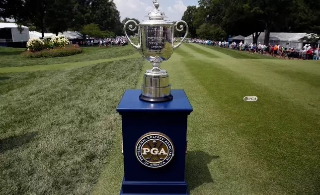 FILE - The Wanamaker Trophy is displayed during the first round of the PGA Championship golf tournament at Bellerive Country Club, Thursday, Aug. 9, 2018, in St. Louis. (AP Photo/Brynn Anderson, File)