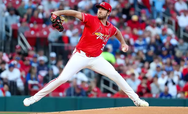 St. Louis Cardinals pitcher Matthew Liberatore throws during the first inning of a baseball game against the Los Angeles Dodgers Friday, May 1, 2026, in St. Louis. (AP Photo/Scott Kane)