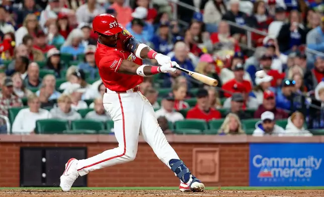 St. Louis Cardinals' Jordan Walker hits a double during the fifth inning of a baseball game against the Los Angeles Dodgers Friday, May 1, 2026, in St. Louis. (AP Photo/Scott Kane)