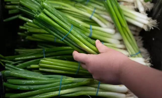 A customer picks up scallions for sale in the produce section of a grocery store on Monday, May 11, 2026, in Portland, Ore. (AP Photo/Jenny Kane)