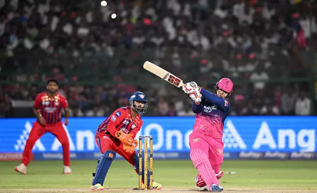 Rajasthan Royals' Vaibhav Sooryavanshi plays a shot during the Indian Premier League cricket match between Lucknow Super Giants and Rajasthan Royals in Jaipur, India, Tuesday, May 19, 2026. (AP Photo)
