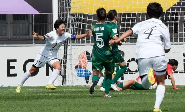 Naegohyang Women's FC's Kim Kyong Yong, left, celebrates after scoring against Tokyo Verdy Beleza during the AFC Women's Champions League soccer final match in Suwon, South Korea, Saturday, May 23, 2026. (AP Photo/Ahn Young-joon)