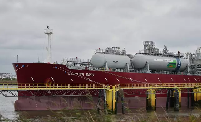 LPG tanker Clipper Eris, which uses onboard carbon capture technologies, is docked at the Port of Antwerp in Zwijndrecht, Belgium, Tuesday, Oct. 21, 2025. (AP Photo/Virginia Mayo)