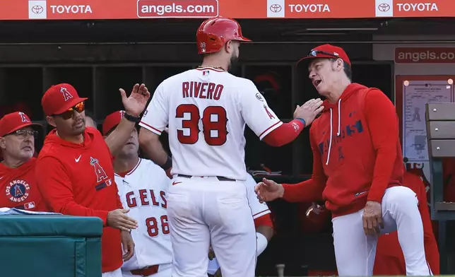 Los Angeles Angels' Sebastian Rivero (38) is greeted at the dugout after scoring on an RBI single hit by teammate Mike Trout during the third inning of a baseball game against the Texas Rangers, Sunday, May 24, 2026, in Anaheim, Calif. (AP Photo/Caroline Brehman)