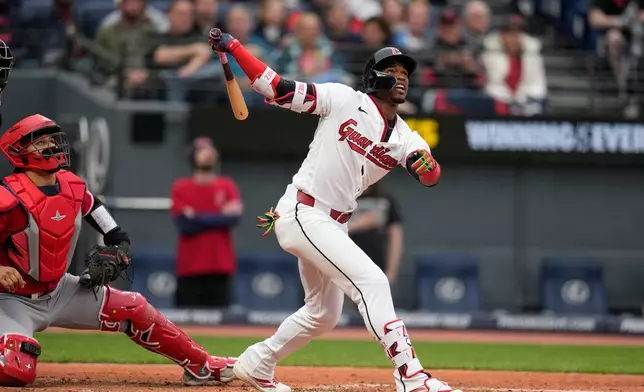 Cleveland Guardians' Angel Martínez watches his solo home run in the third inning of a baseball game against the Los Angeles Angels in Cleveland, Tuesday, May 12, 2026. (AP Photo/Sue Ogrocki)