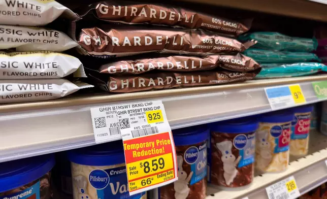 Chocolate is displayed for sale at a grocery store Wednesday, April 29, 2026, in Chicago. (AP Photo/Erin Hooley)