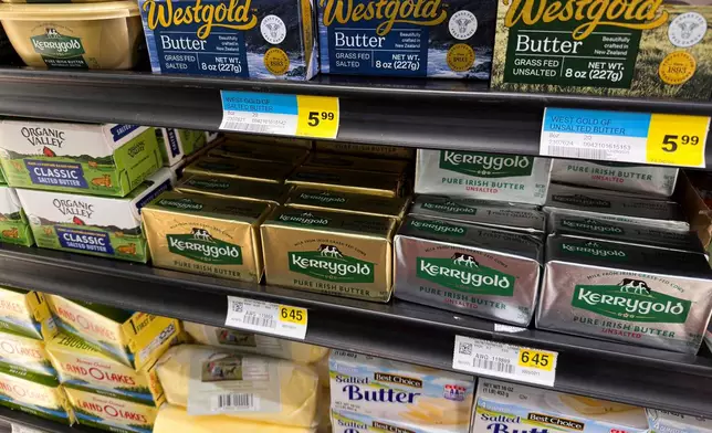 Butter is displayed for sale at a grocery store Wednesday, April 29, 2026, in Chicago. (AP Photo/Erin Hooley)