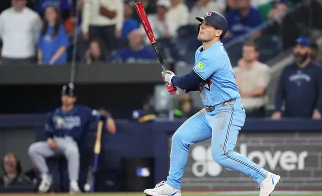 Toronto Blue Jays' Daulton Varsho (5) hits a walk-off grand slam against the Tampa Bay Rays during 10th inning MLB baseball action in Toronto on Wednesday, May 13, 2026. (Nathan Denette/The Canadian Press via AP)