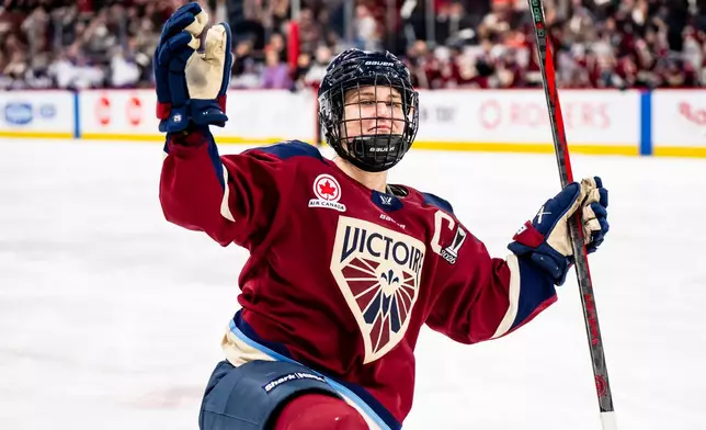 Montréal Victoire's Marie-Philip Poulin (29) celebrates her game-winning goal against the Minnesota Frost during third overtime period of an PWHL playoff hockey game in Laval, Que., on Tuesday, May 5, 2026. (Christopher Katsarov/The Canadian Press via AP)